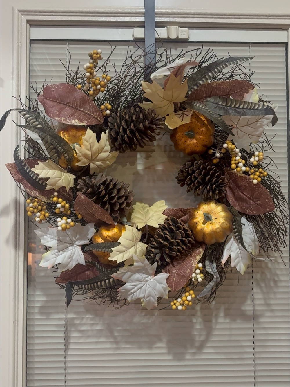 Autumn Front Door Wreath - Thanksgiving Fall Decor Faux Pumpkin & Pinecone